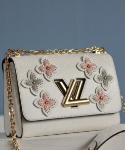 LV 高仿白色花卉鉚釘鏈條包 奢華甜美單肩斜挎