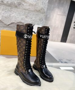 LV 原單長筒軍靴 經典老花 拼接黑色牛皮