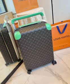 LV 高仿灰色Monogram旅行箱 綠色皮革包角 登機拉桿箱