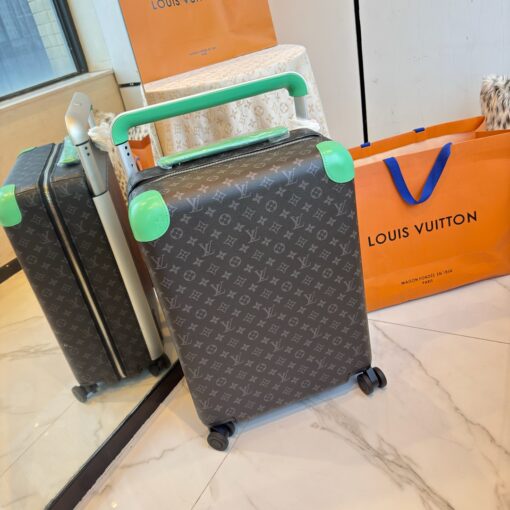 LV 高仿灰色Monogram旅行箱 綠色皮革包角 登機拉桿箱