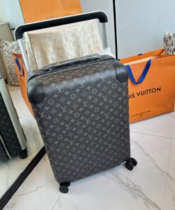 LV 高仿灰色Monogram行李箱 黑色皮革包角 靜音拉桿登機箱