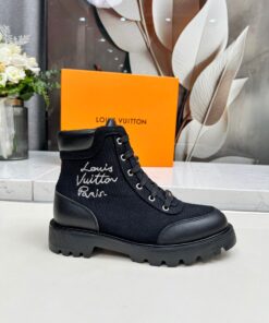 LV 一比一黑色帆布拼皮高筒靴 女士休閒軍靴