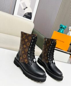 LV 高仿Monogram拼接高筒軍靴 女士厚底時尚馬丁靴