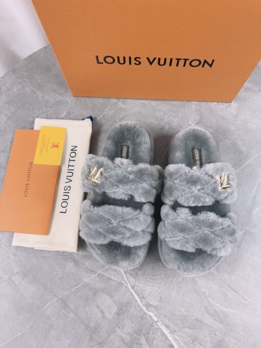 LV 高仿編織毛毛拖鞋 灰色百搭舒適款