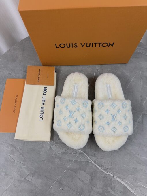 LV 原單毛毛拖鞋 白色藍紋冬季經典款