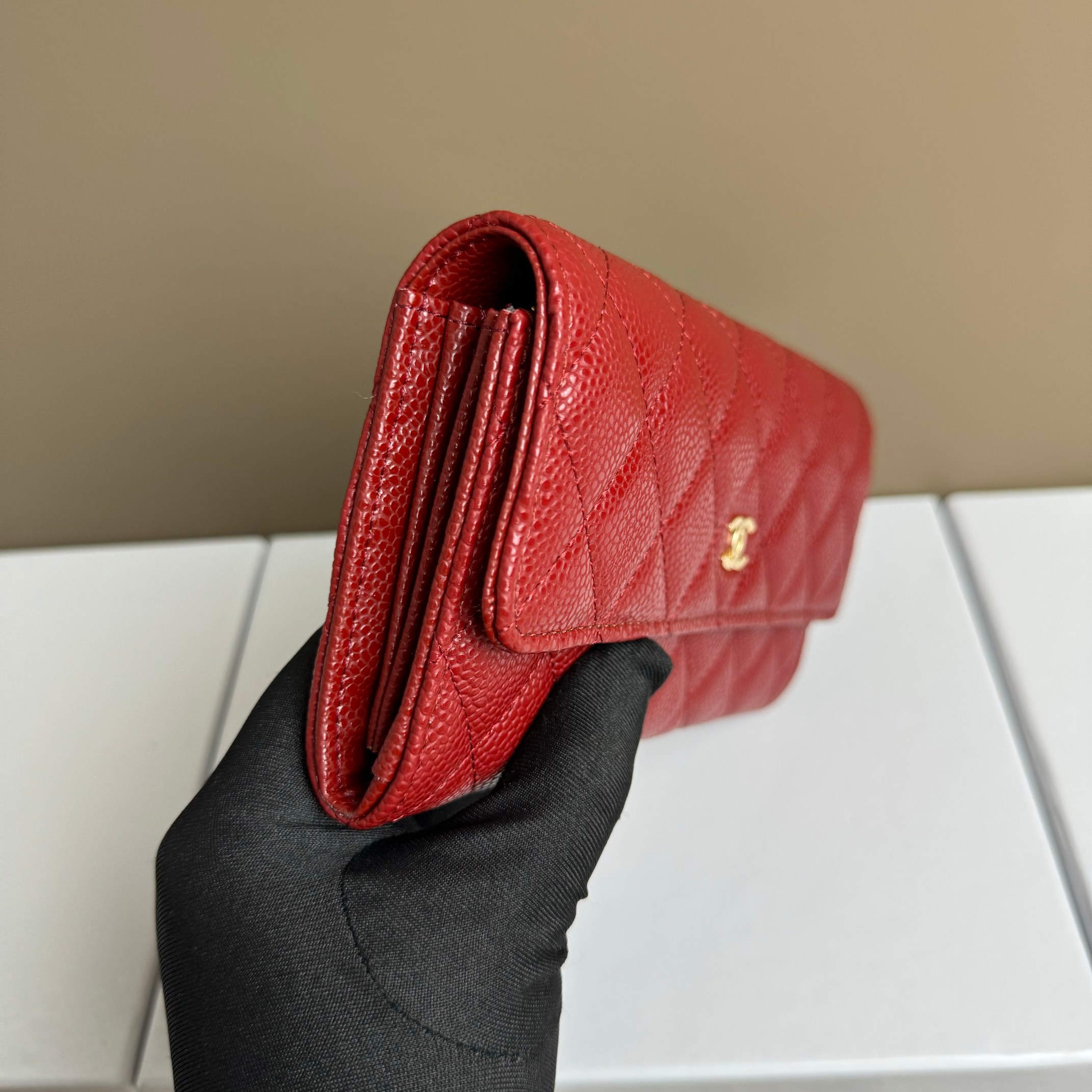 CHANEL一比一紅色荔枝皮絎縫長夾金屬雙C LOGO手拿錢包百搭經典款｜歐美奢侈品精品推薦