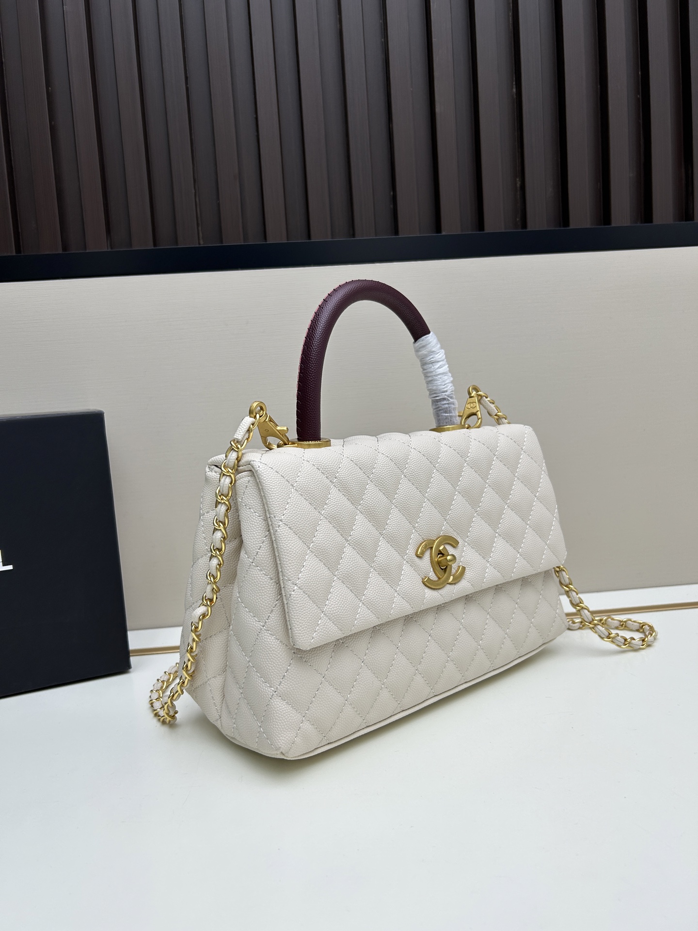 CHANEL原單米白色Caviar皮革手提鏈條包25cm復古翻蓋優雅百搭款｜歐美奢侈品精品推薦