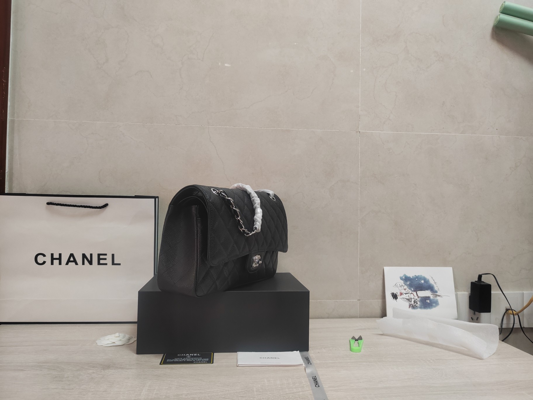 CHANEL A貨經典黑色荔枝紋鏈條包 復古金扣時尚款