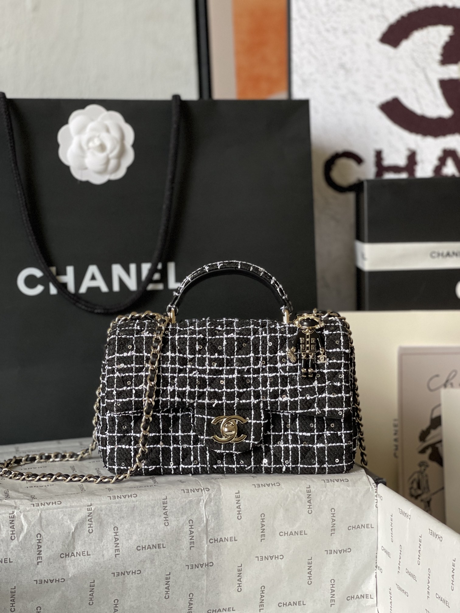 Chanel 高仿黑白格紋花呢手提鏈條包