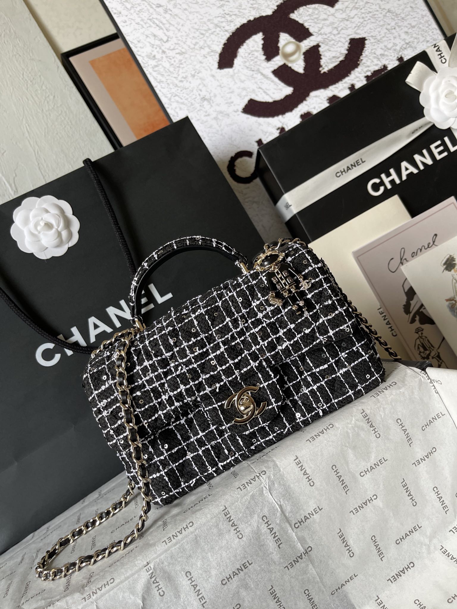 Chanel 高仿黑白格紋花呢手提鏈條包｜歐美奢侈品精品推薦