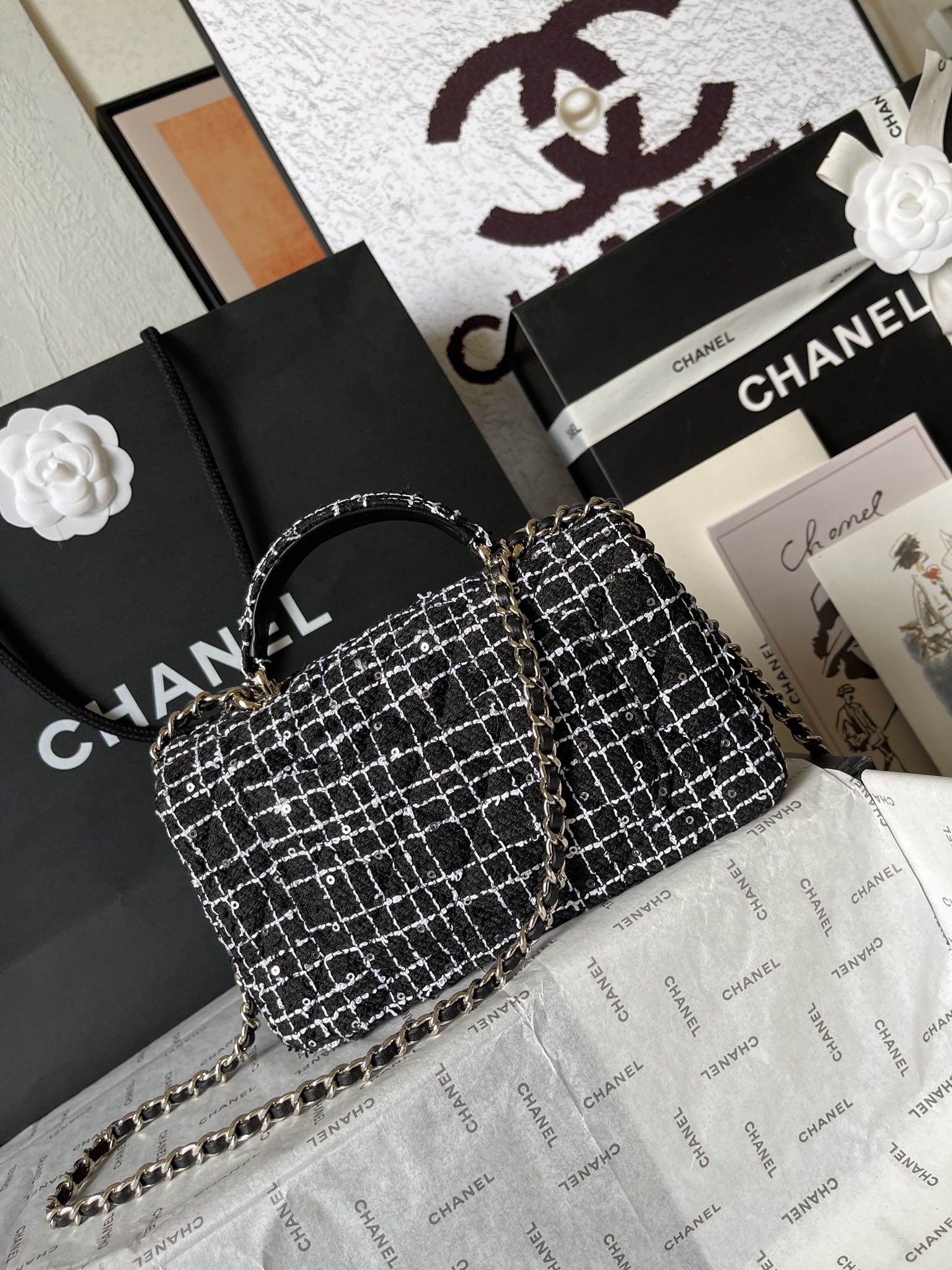Chanel 高仿黑白格紋花呢手提鏈條包｜歐美奢侈品精品推薦