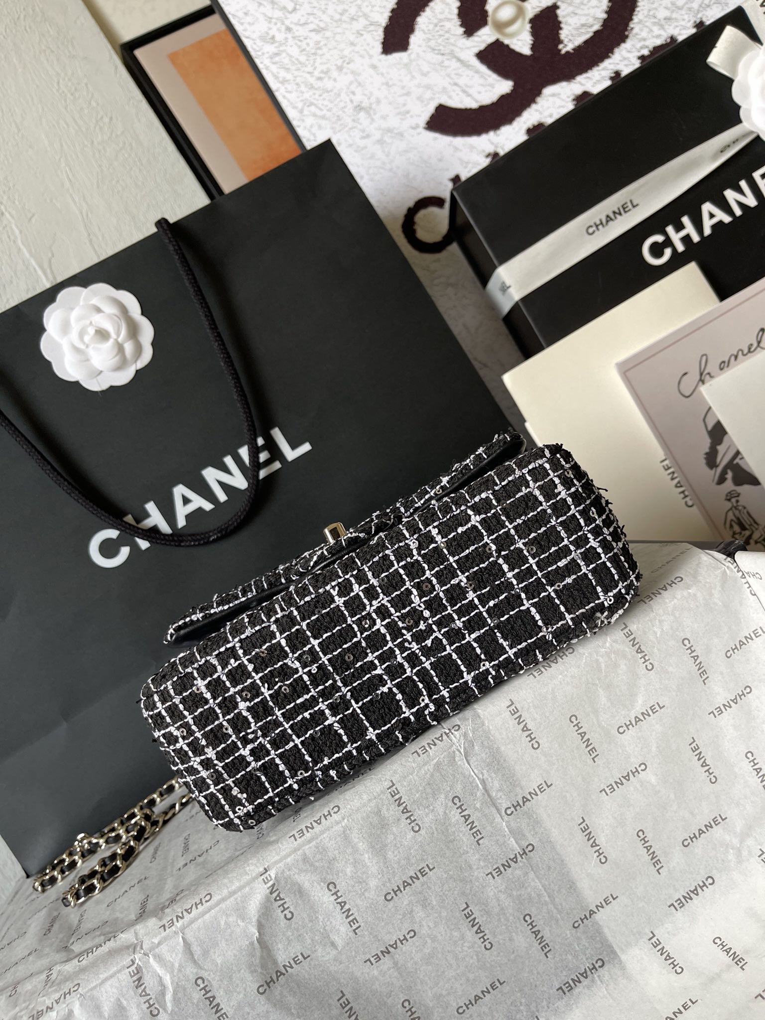 Chanel 高仿黑白格紋花呢手提鏈條包｜歐美奢侈品精品推薦