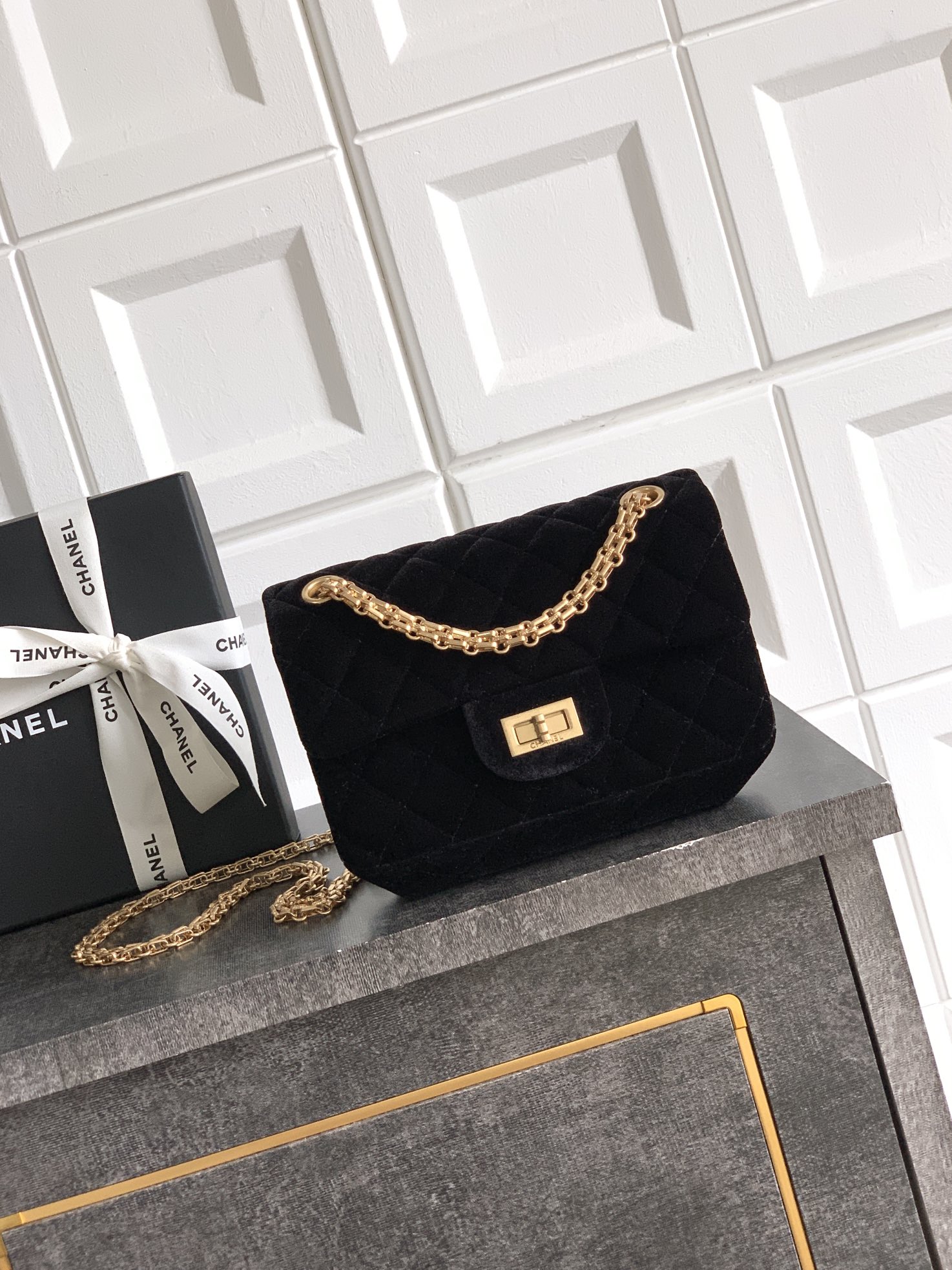 CHANEL A貨 黑色天鵝絨小型菱格鏈條包 低調經典款
