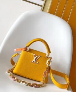 LV精品仿製女士手提包亮黃皮革金屬鏈條時尚百搭款