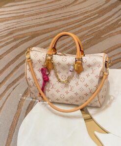 LV A貨女士波士頓包粉米色Monogram鎖頭鏈條點綴款