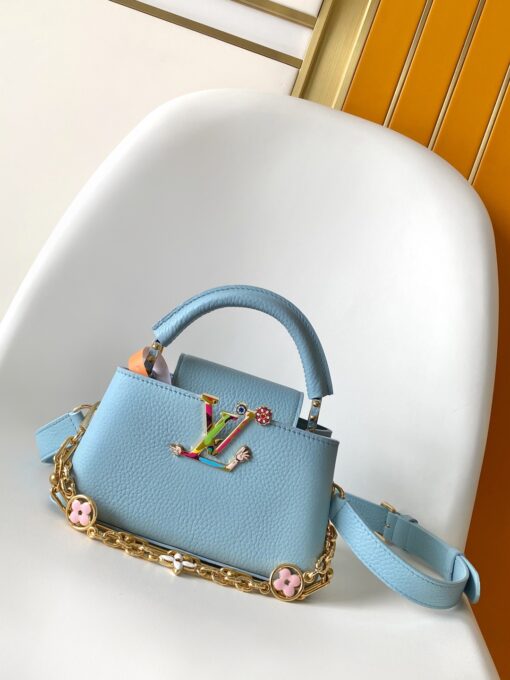 LV A貨女士Capucines迷你手提包藍色小巧設計鏈條點綴