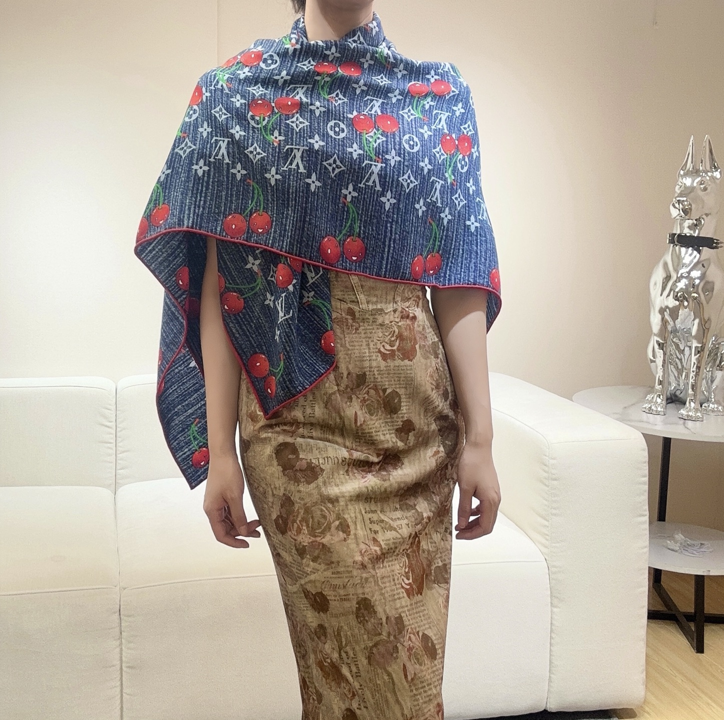 LV 高仿女士絲巾櫻桃丹寧印花時尚方巾｜歐美奢侈品精品推薦
