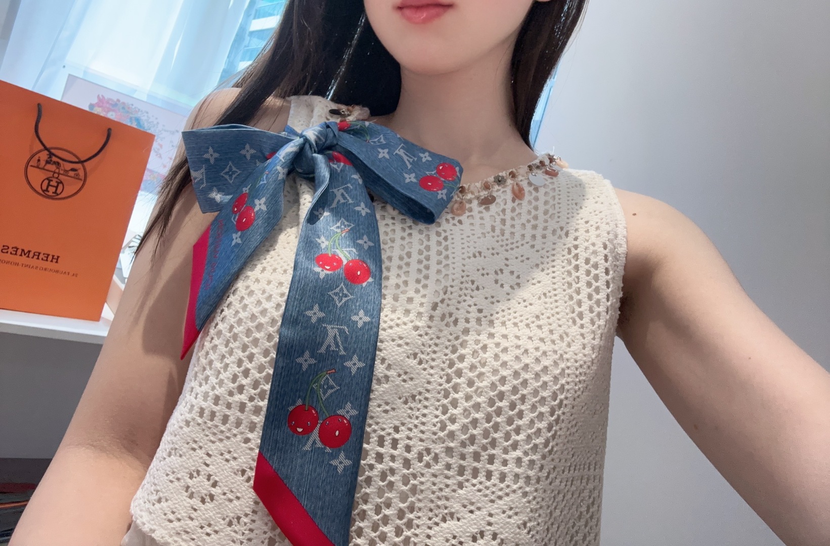 LV 高仿絲巾Twilly櫻桃丹寧印花百搭小方巾｜歐美奢侈品精品推薦