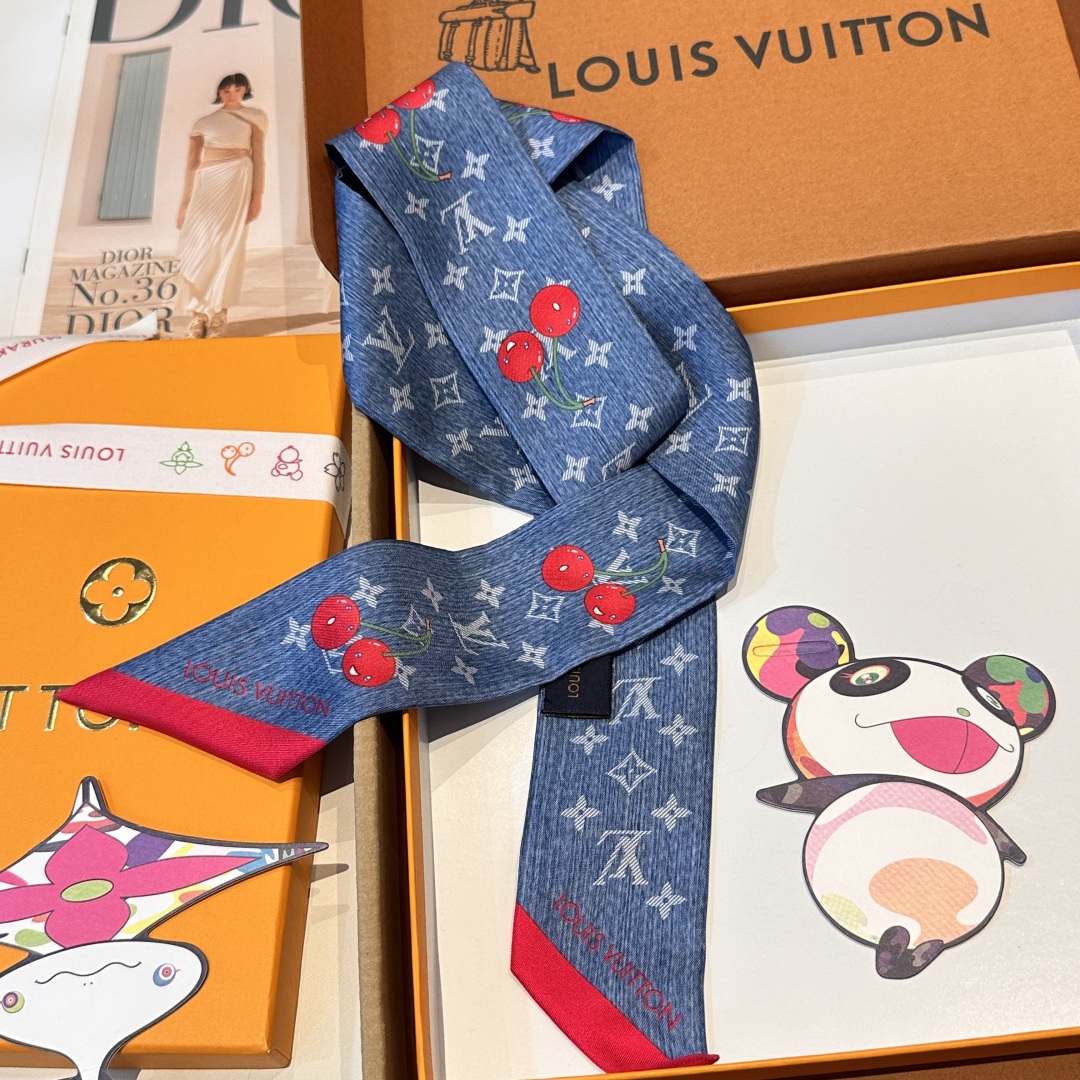 LV 高仿絲巾Twilly櫻桃丹寧印花百搭小方巾｜歐美奢侈品精品推薦