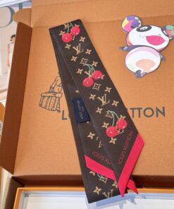 LV 高仿Twilly絲巾櫻桃印花深咖啡百搭小方巾