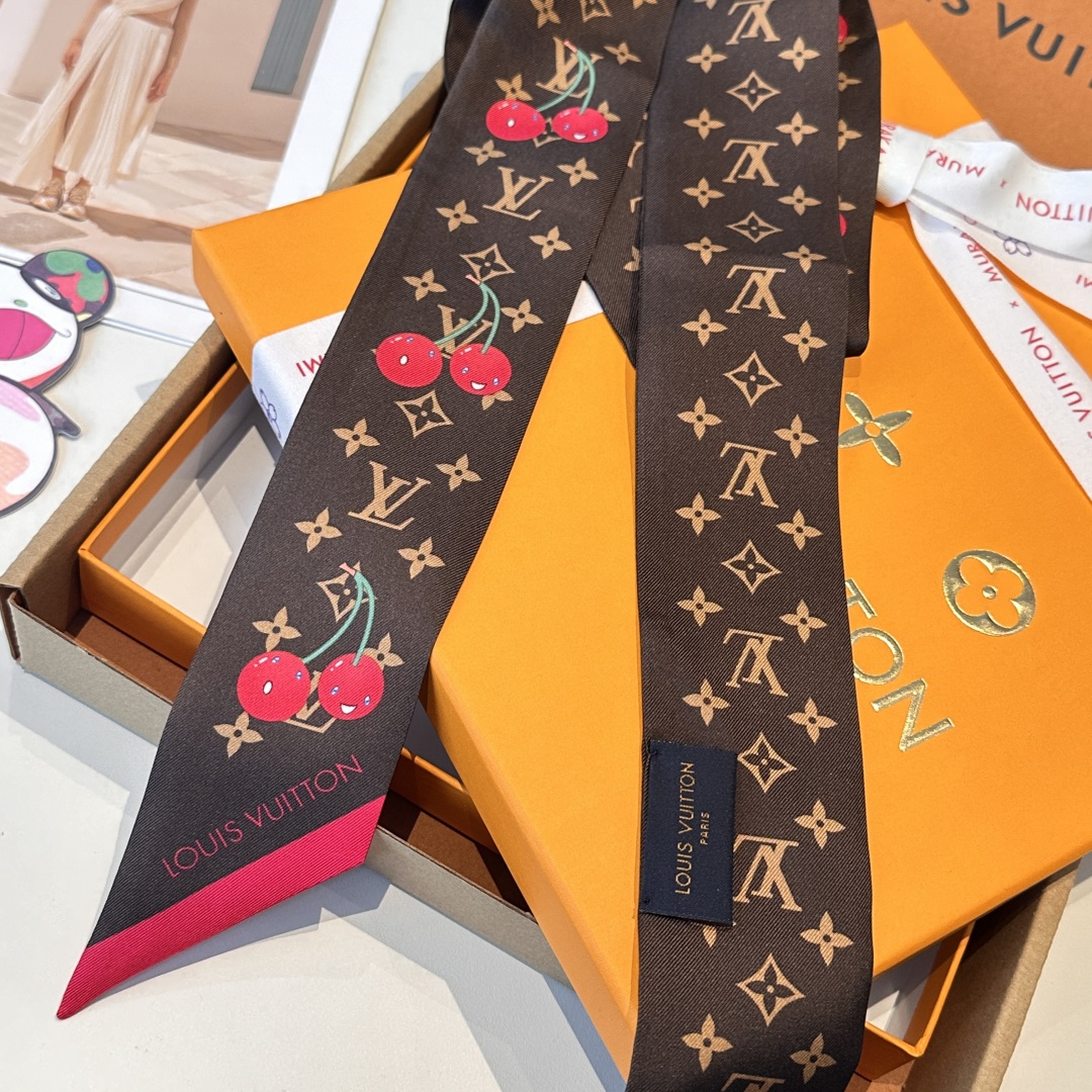 LV 高仿Twilly絲巾櫻桃印花深咖啡百搭小方巾｜歐美奢侈品精品推薦