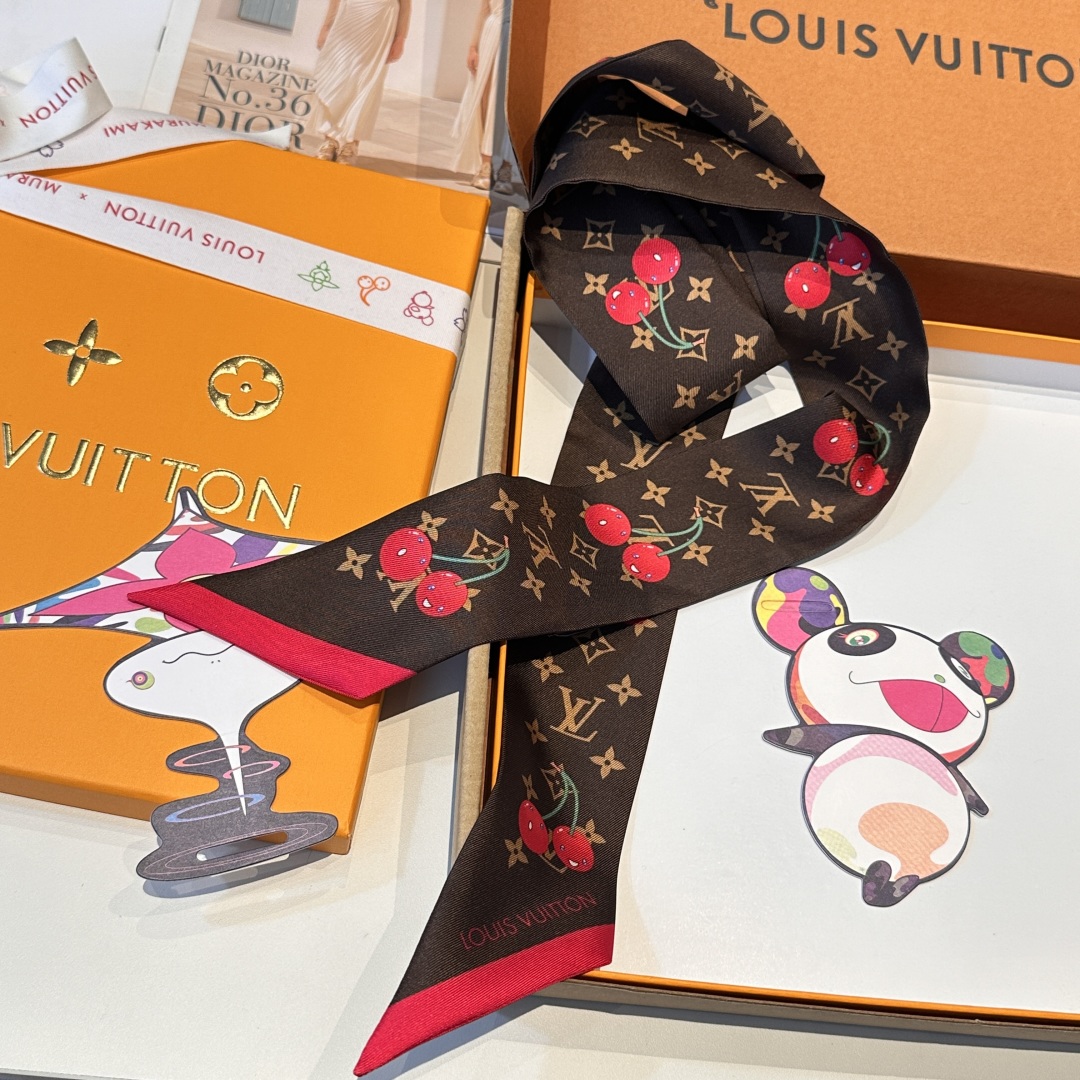 LV 高仿Twilly絲巾櫻桃印花深咖啡百搭小方巾｜歐美奢侈品精品推薦