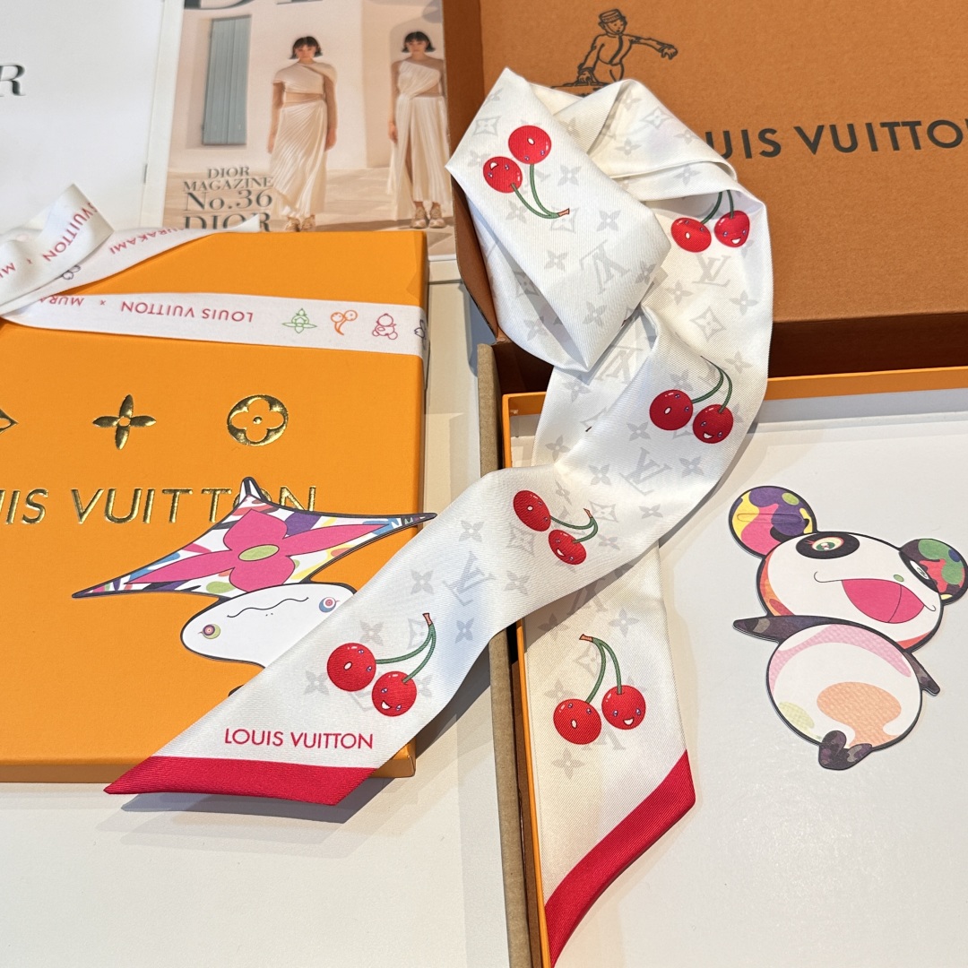 LV 高仿Twilly絲巾白底櫻桃印花百搭小方巾｜歐美奢侈品精品推薦