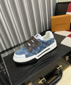 LV 高仿男士魔鬼氈運動鞋牛仔藍拼接Monogram休閒款