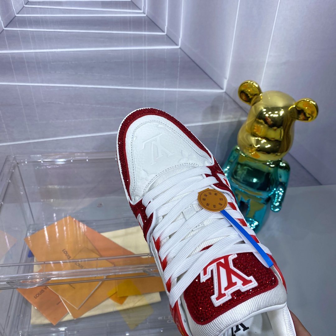 LV A貨男士運動鞋紅白拼色閃亮材質潮流百搭款｜歐美奢侈品精品推薦