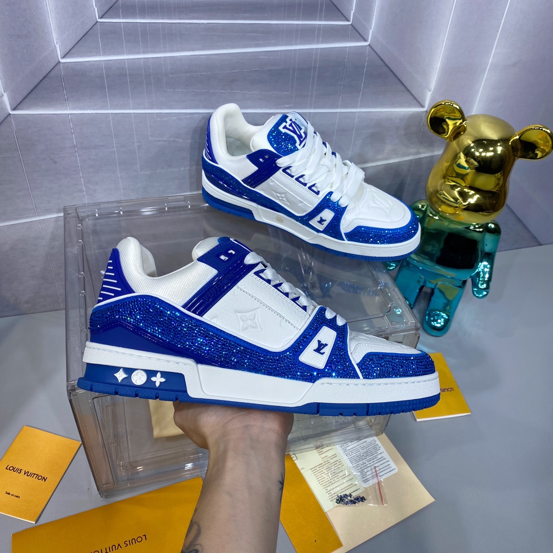 LV 一比一 Trainer 藍白運動鞋閃鑽潮流款｜歐美奢侈品精品推薦