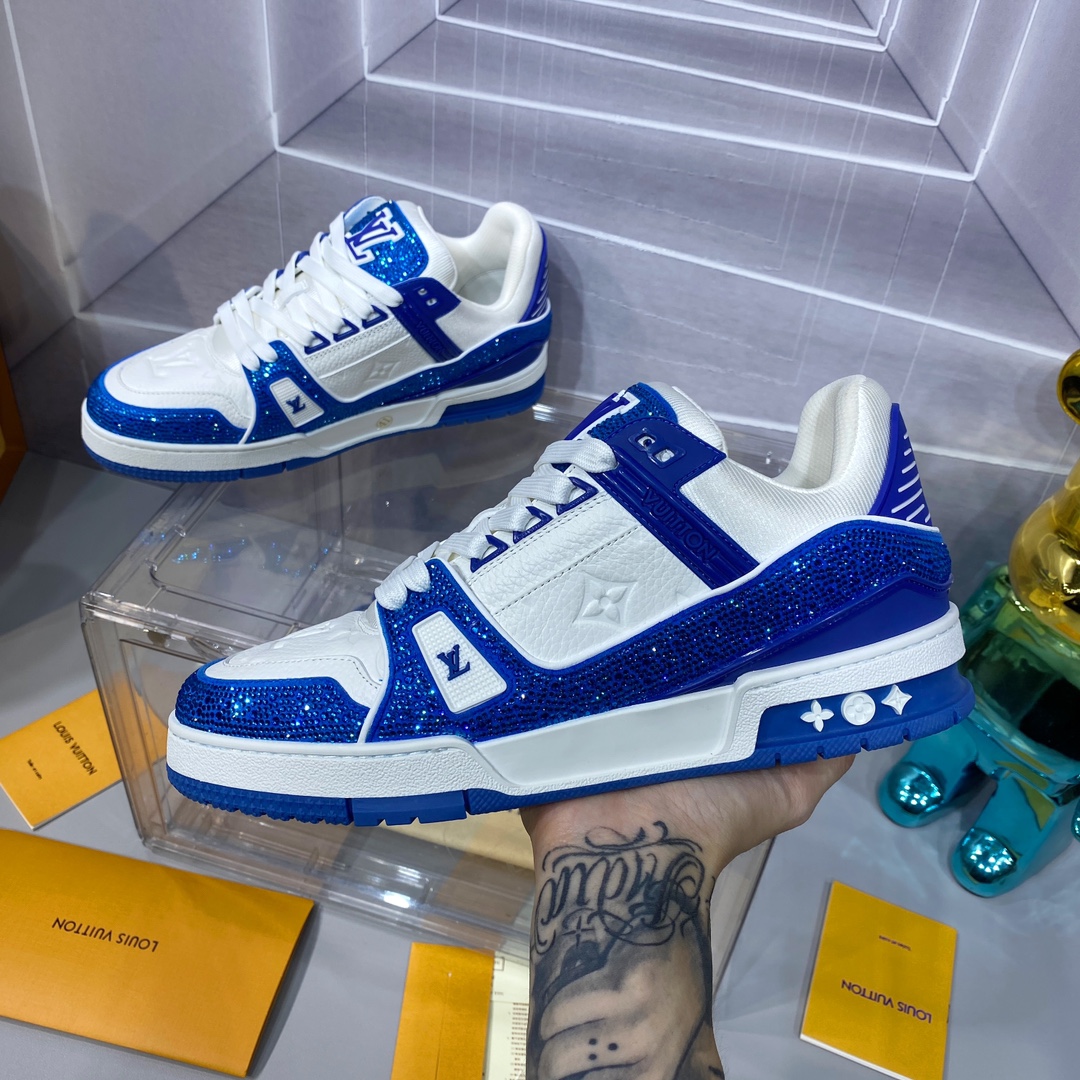 LV 一比一 Trainer 藍白運動鞋閃鑽潮流款｜歐美奢侈品精品推薦