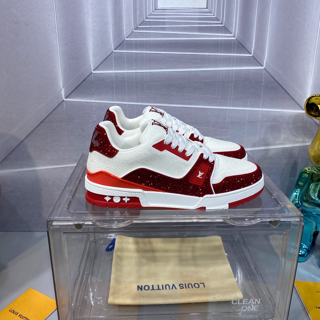 LV 精品仿製 Trainer 紅白運動鞋鑽飾時尚款｜歐美奢侈品精品推薦