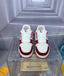 LV 精品仿製 Trainer 紅白運動鞋鑽飾時尚款