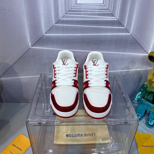 LV 精品仿製 Trainer 紅白運動鞋鑽飾時尚款