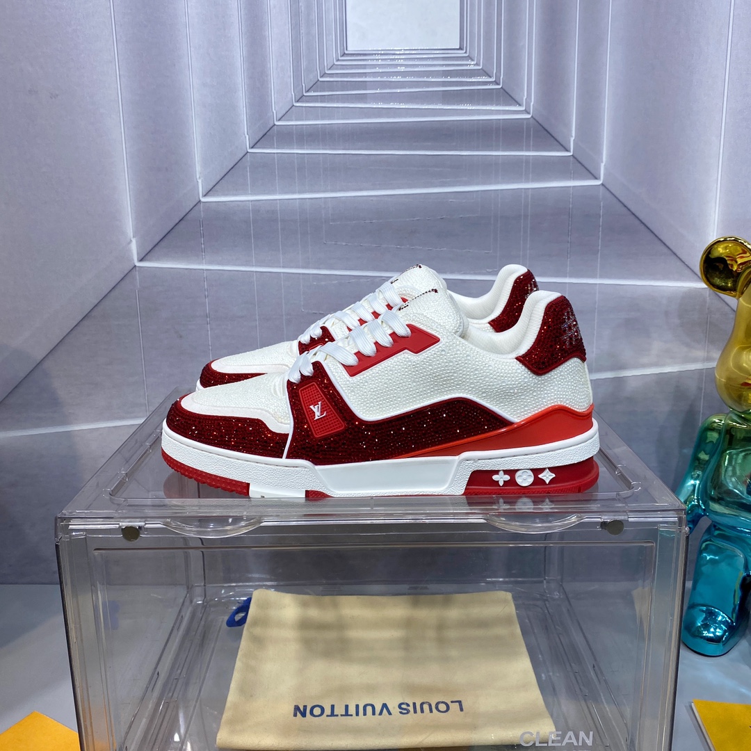 LV 精品仿製 Trainer 紅白運動鞋鑽飾時尚款｜歐美奢侈品精品推薦