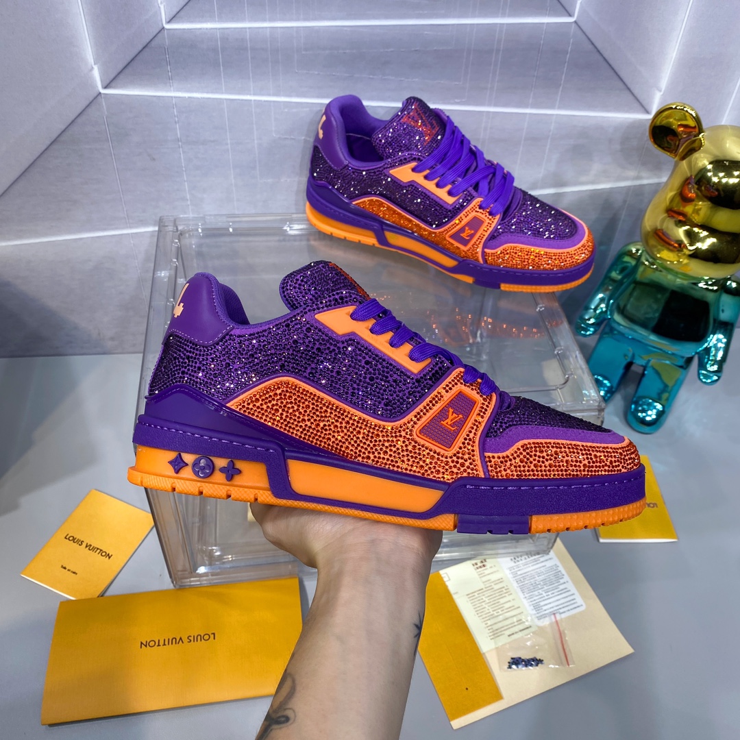 LV 精品仿製 Trainer 紫橙撞色水鑽運動鞋｜歐美奢侈品精品推薦