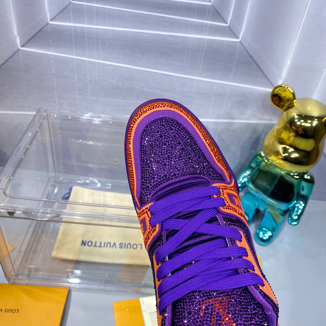LV 精品仿製 Trainer 紫橙撞色水鑽運動鞋｜歐美奢侈品精品推薦