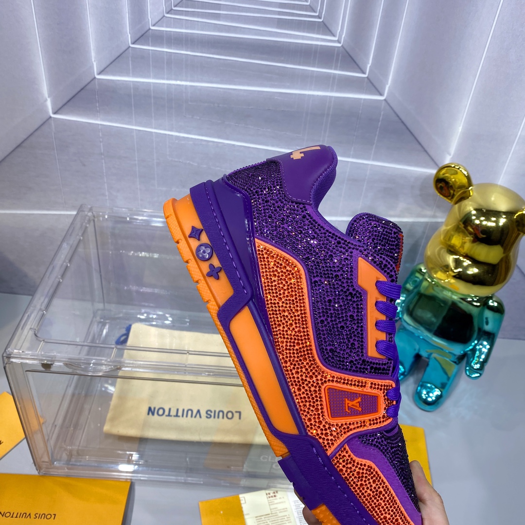LV 精品仿製 Trainer 紫橙撞色水鑽運動鞋｜歐美奢侈品精品推薦