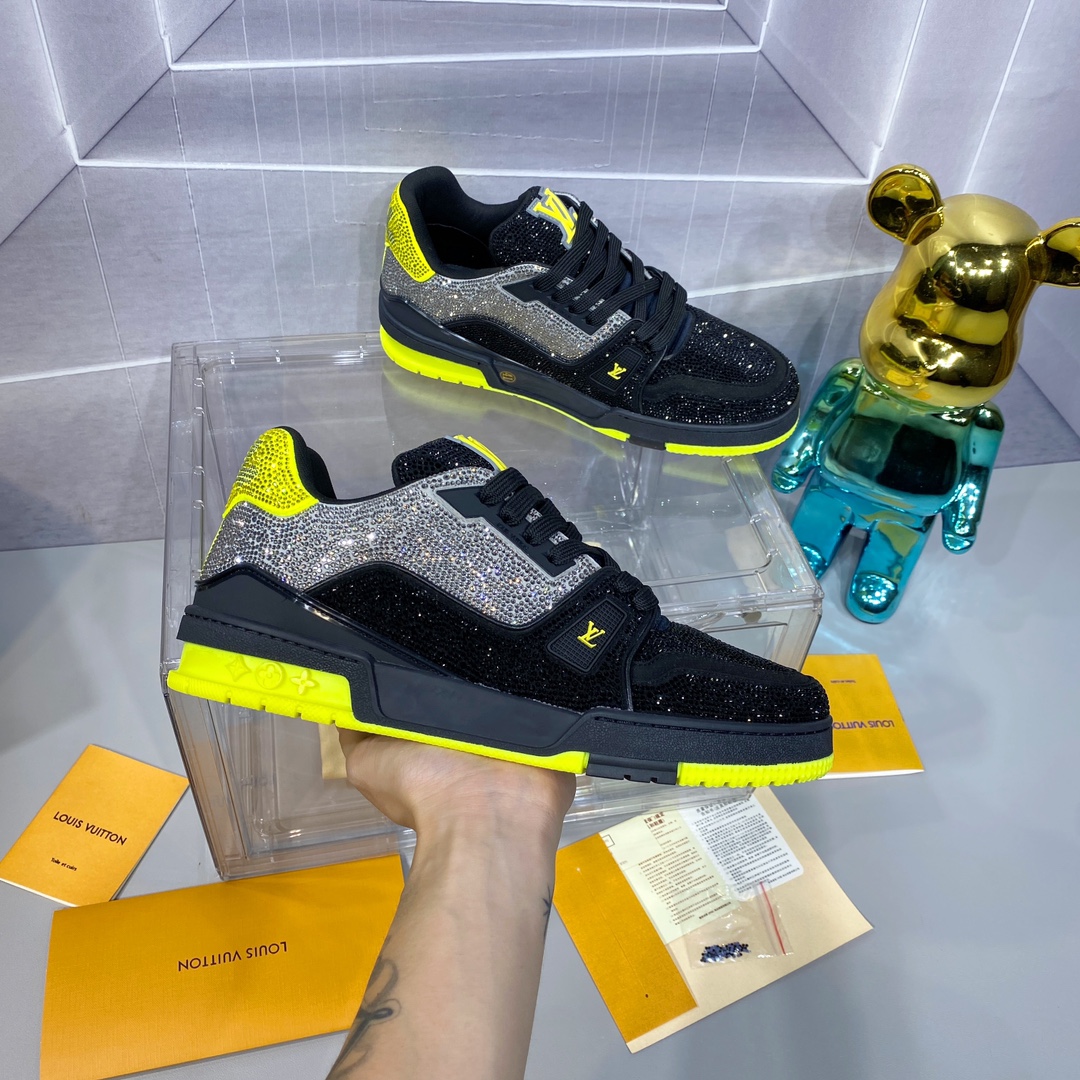 LV 高仿 Trainer 黑黃撞色滿鑽運動鞋｜歐美奢侈品精品推薦