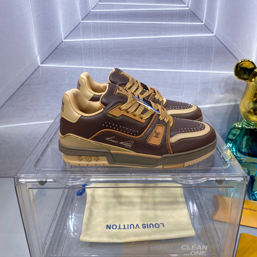 LV 精品仿製 Trainer 咖啡黃拼色運動鞋｜歐美奢侈品精品推薦