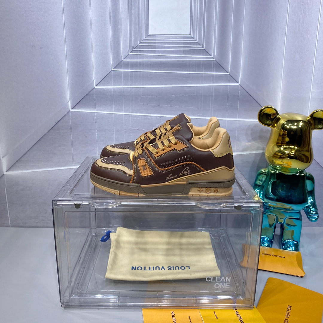 LV 精品仿製 Trainer 咖啡黃拼色運動鞋｜歐美奢侈品精品推薦