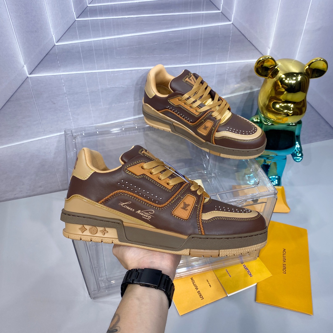 LV 精品仿製 Trainer 咖啡黃拼色運動鞋｜歐美奢侈品精品推薦