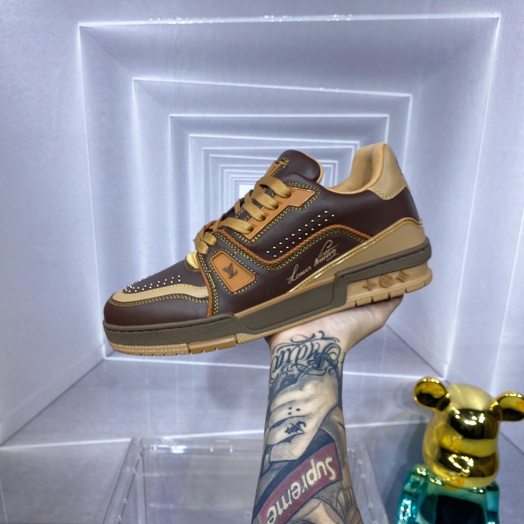 LV 精品仿製 Trainer 咖啡黃拼色運動鞋｜歐美奢侈品精品推薦