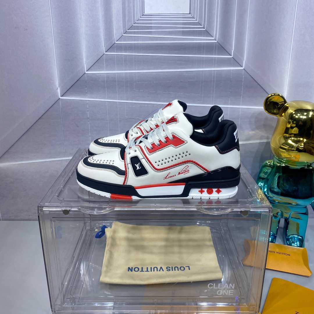 LV 高仿 Trainer 白黑紅拼色運動鞋 潮流百搭款｜歐美奢侈品精品推薦