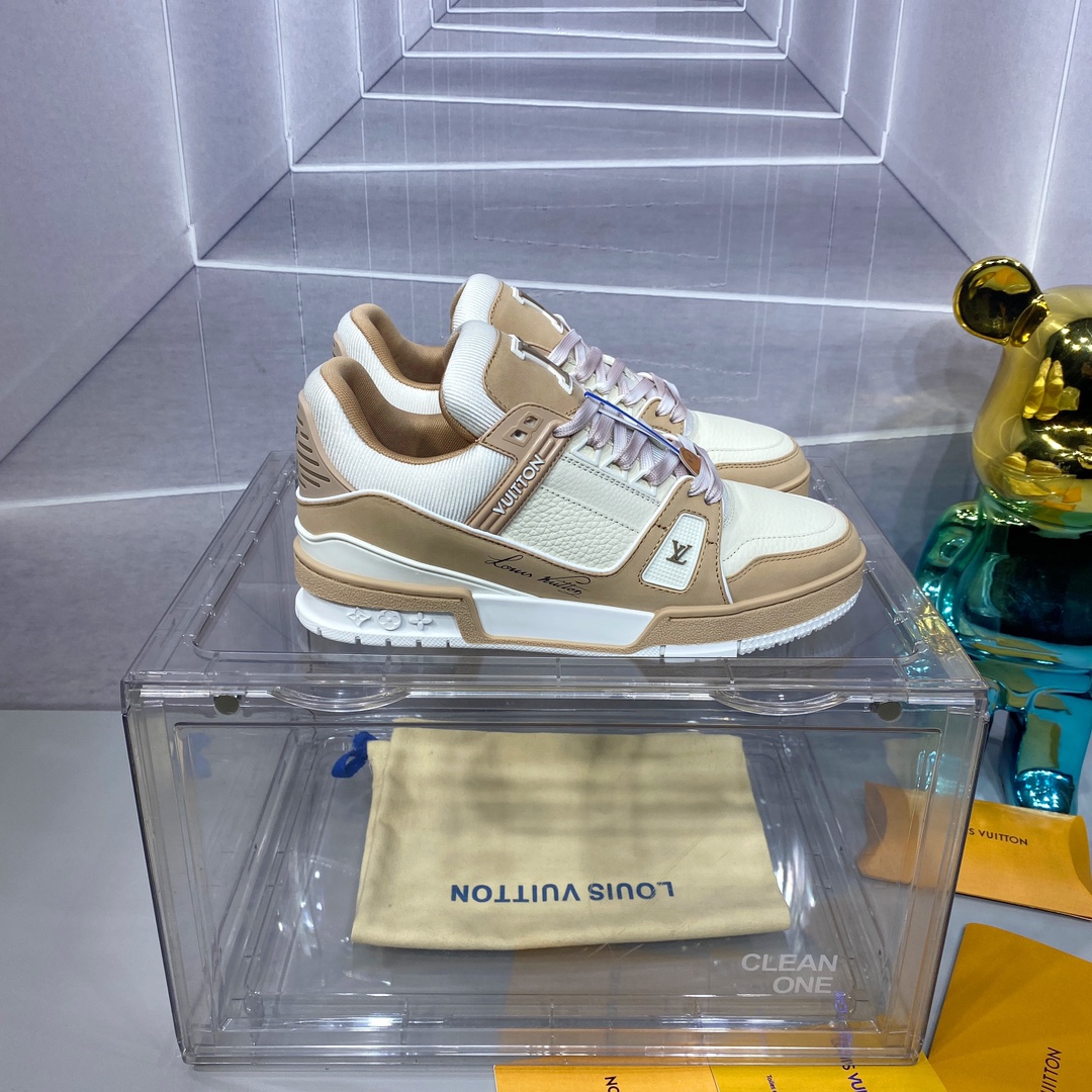 LV 一比一 Trainer 米白卡其拼色運動鞋 簡約百搭款｜歐美奢侈品精品推薦