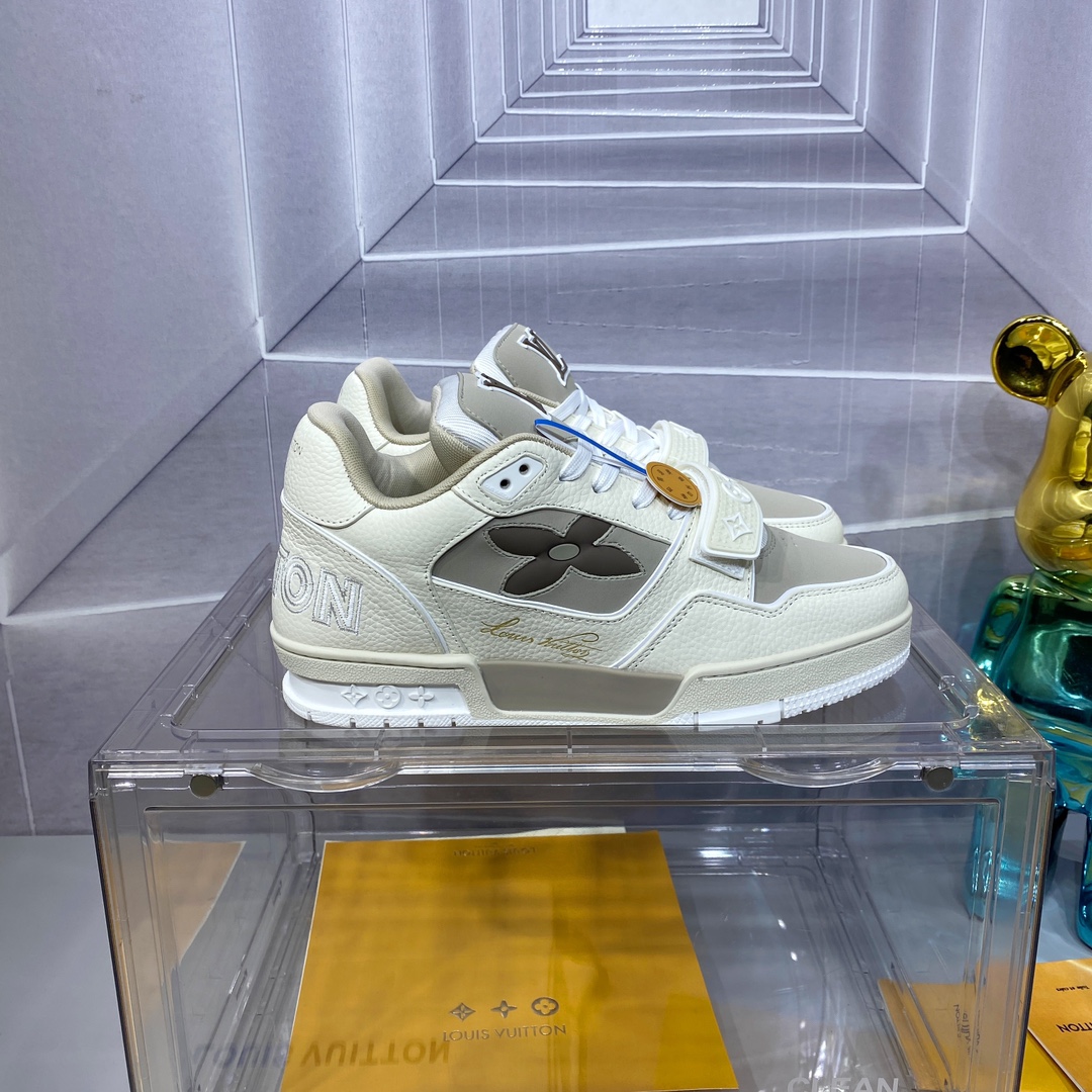 LV 精品仿製 Trainer 米白灰魔鬼氈運動鞋 簡約百搭款｜歐美奢侈品精品推薦