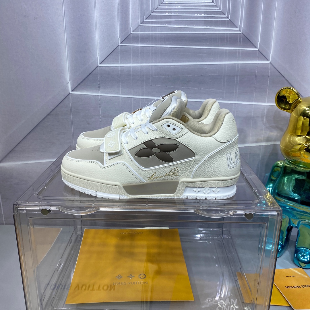 LV 精品仿製 Trainer 米白灰魔鬼氈運動鞋 簡約百搭款｜歐美奢侈品精品推薦