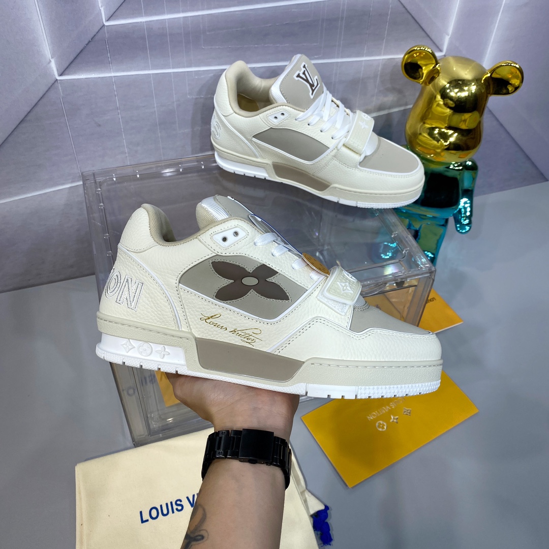 LV 精品仿製 Trainer 米白灰魔鬼氈運動鞋 簡約百搭款｜歐美奢侈品精品推薦
