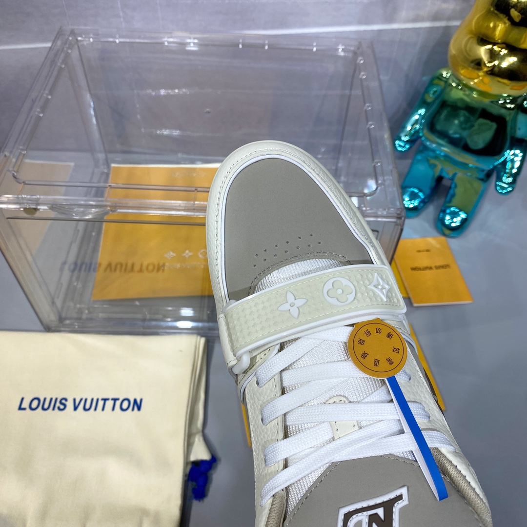 LV 精品仿製 Trainer 米白灰魔鬼氈運動鞋 簡約百搭款｜歐美奢侈品精品推薦