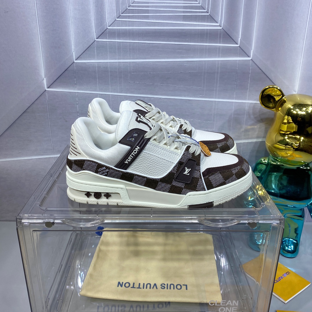 LV A貨 Trainer 白棕格紋拼接運動鞋 復古時尚款｜歐美奢侈品精品推薦